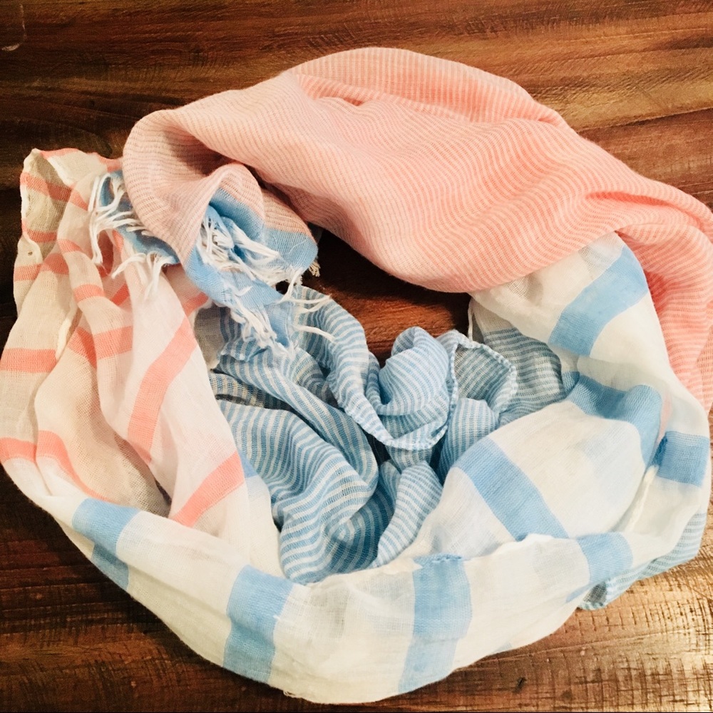 Coral, Blue, & White Striped Scarf